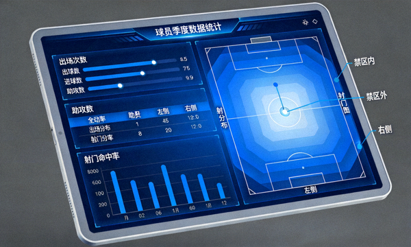 屏幕上显示球员赛季数据统计与射门分布图表