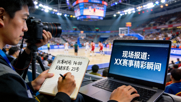 体育媒体记者在赛事现场记录比赛并撰写报道